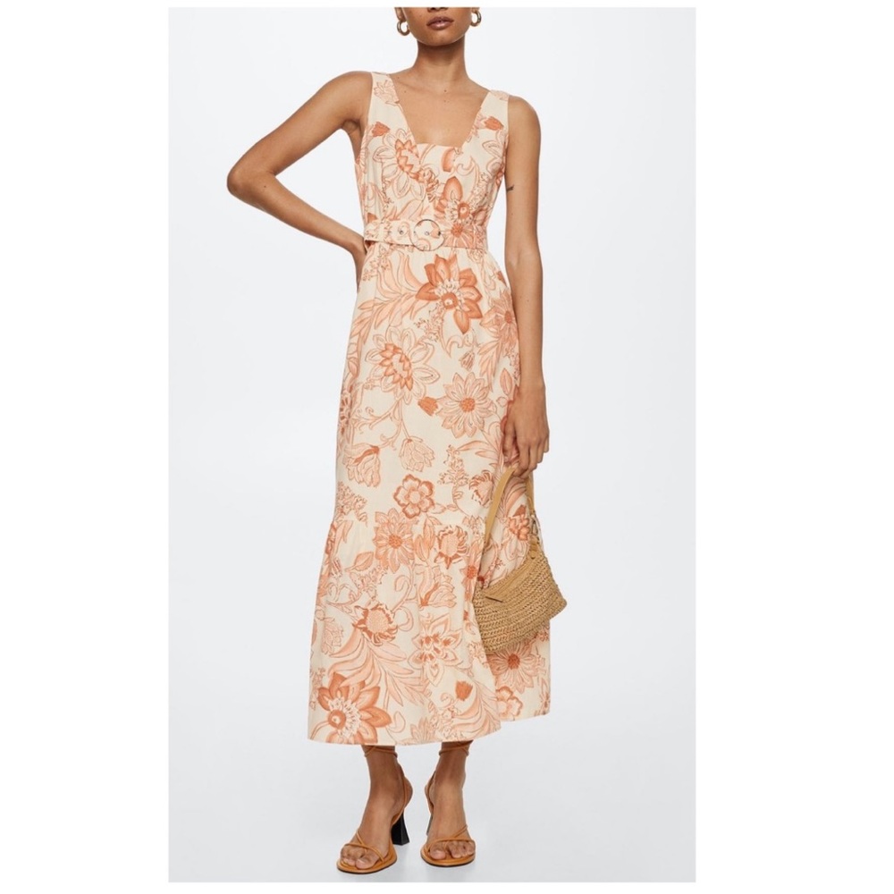 Mango Floral Ivory Belted Midi Dress